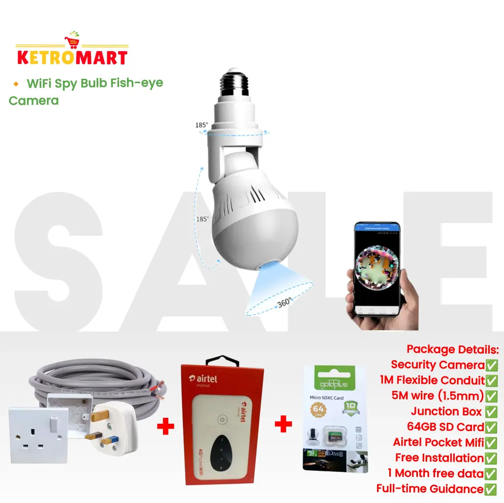 2MP Wifi Spy Fish-eye Bulb Camera + FREE 64GB  (Full-Package)