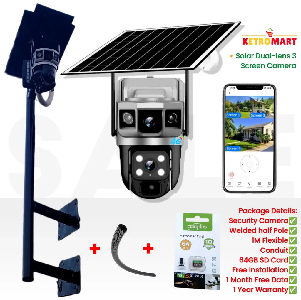 4G Solar Dual-lens 4MP 3 screen Camera + FREE 64GB  (Full-Package)