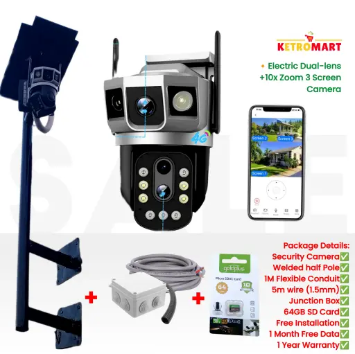 4G Electric Dual-Lens 3 screen + 10x Optical Zoom 4MP PTZ Battery Camera + FREE 64GB  (Full-Package)