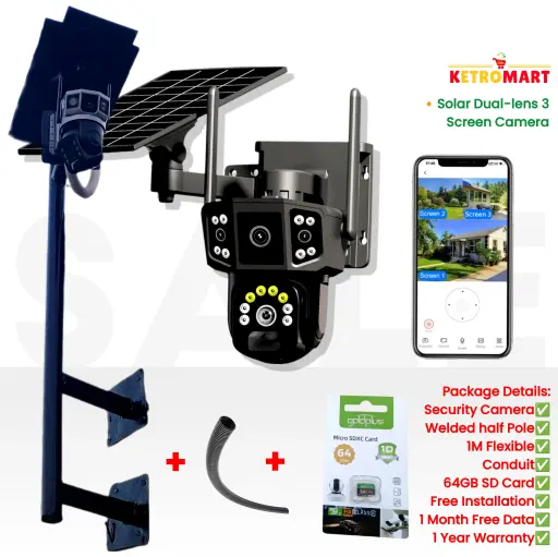 4G Solar Dual-lens 4MP 3 screen Camera + FREE 64GB  (Full-Package)