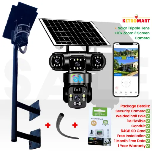 4G Solar 15MP Four-lens 3 screen Camera + FREE 64GB 8K resolution  (Full-Package)